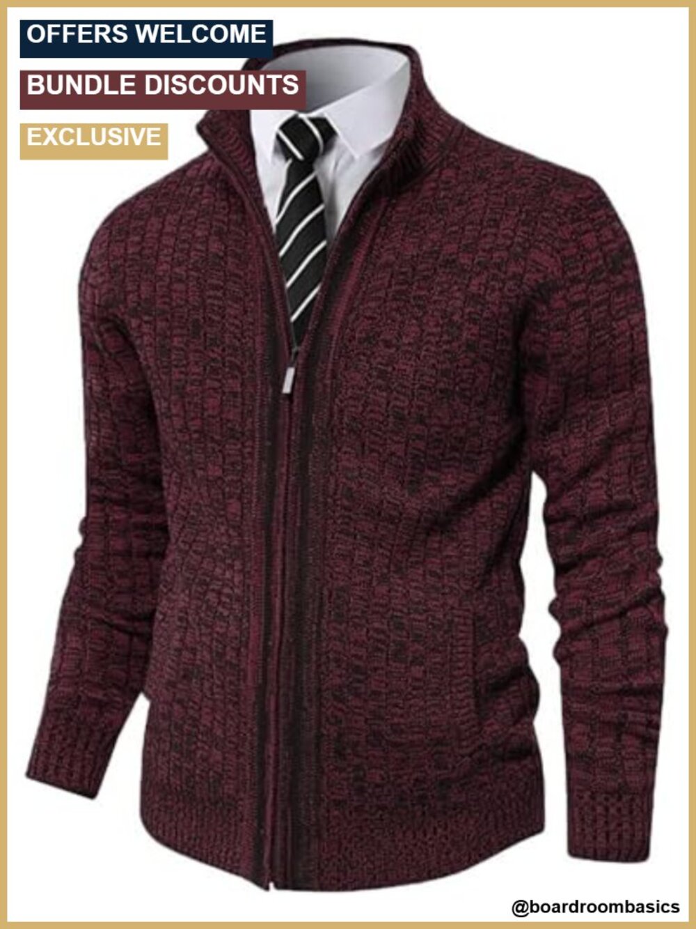 Men's Full Zip Cardigan Sweater Slim Fit Stand Collar Cotton Blend